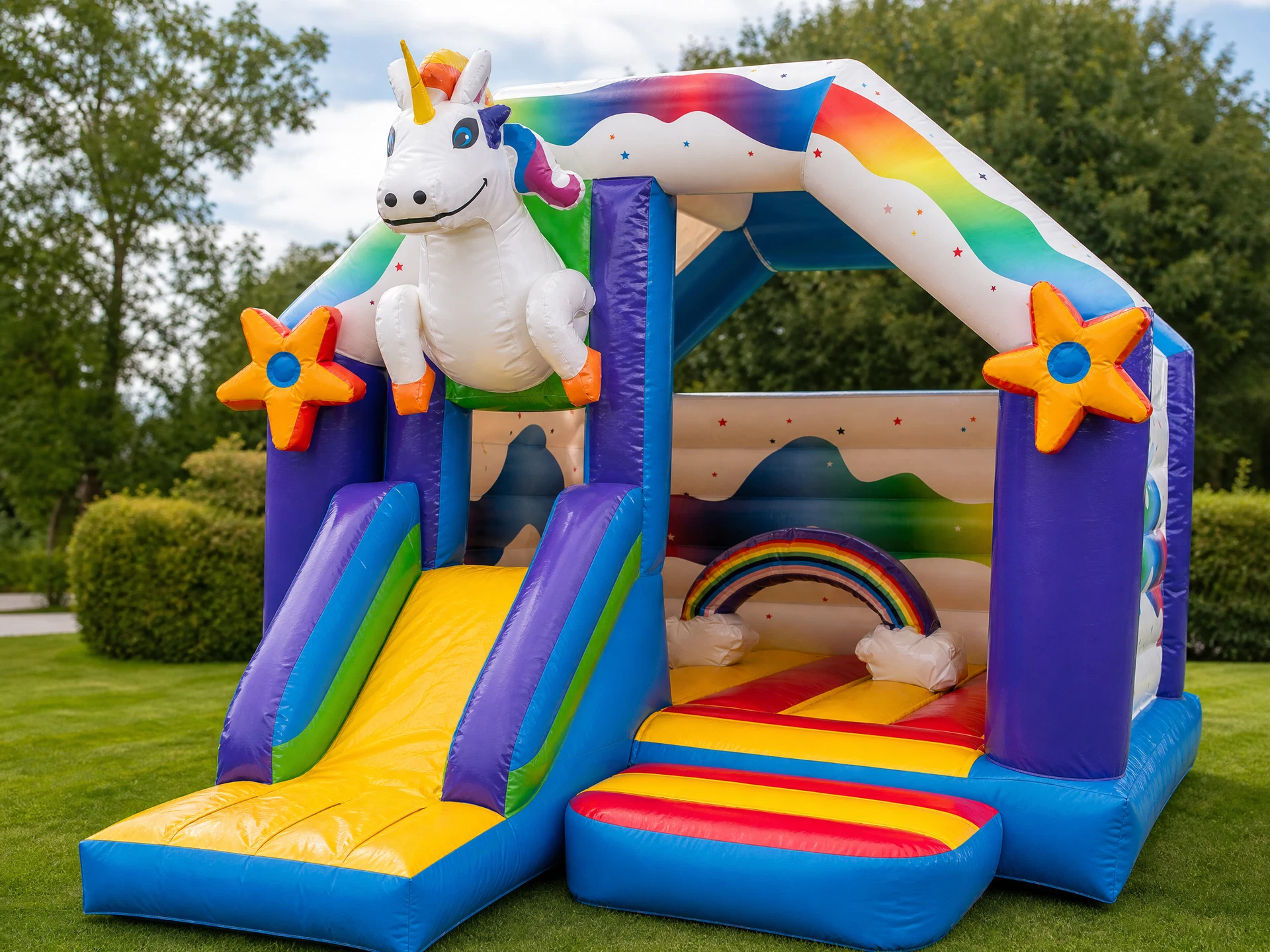 Einhorn Hüpfburg mit Blick in den Spielbereich