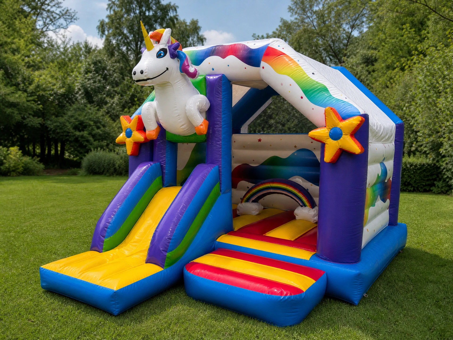 Einhorn Hüpfburg auf einer Rasenfläche in Seitenansicht